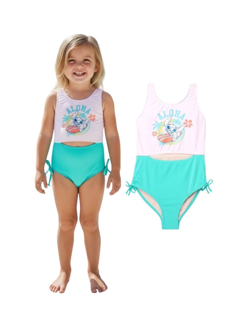 Disney Stitch Aloha Suffer Cream and Green Rashguard Swimsuit